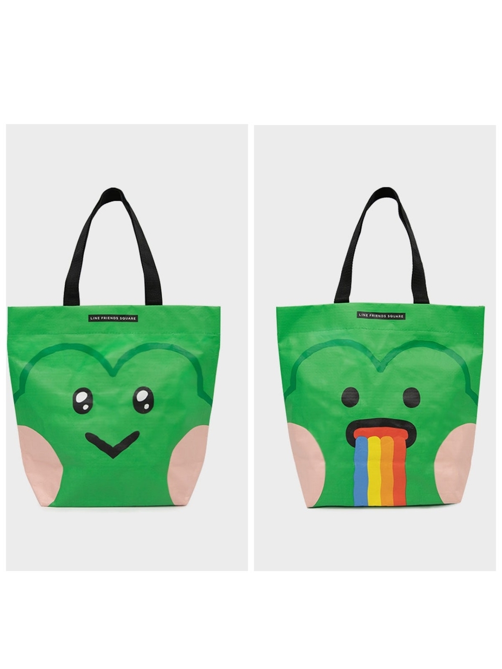 FRIENDS Green Frog Tote Bag with Pink Corners and Rainbow Detail 12Lx 13W